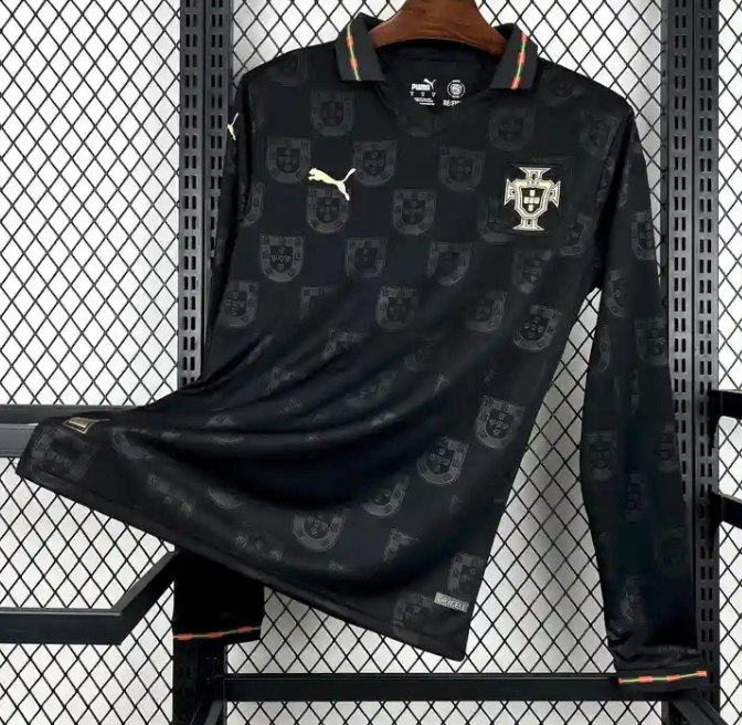 Portugal Inspired Black Green Football Jersey – Long Sleeve Option